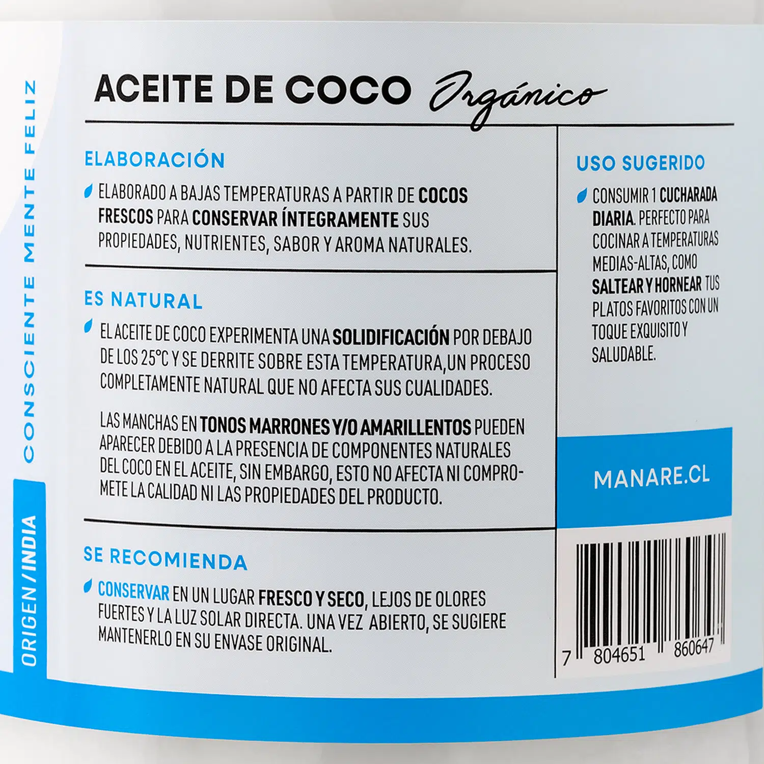 Aceite de Coco Orgánico 1 lt Manare 