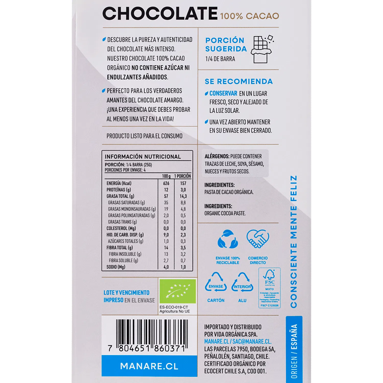 Chocolate 100% Cacao Orgánico 100g
