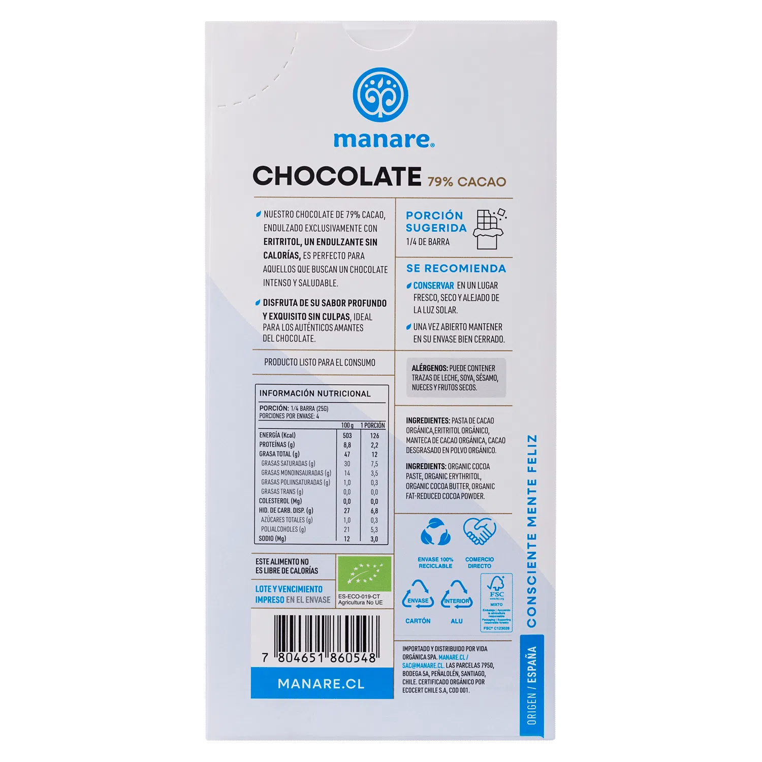Chocolate sin azúcar 79% Cacao Orgánico 100g