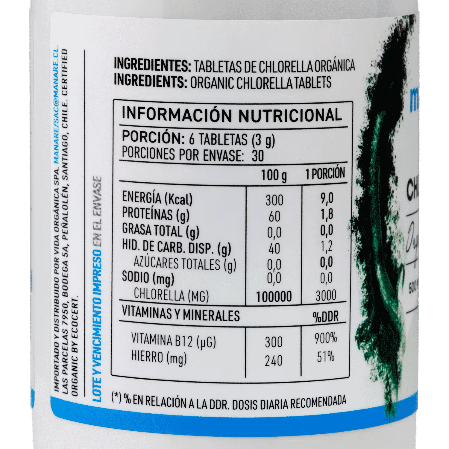 Chlorella Orgánica 180 Tabletas 90g