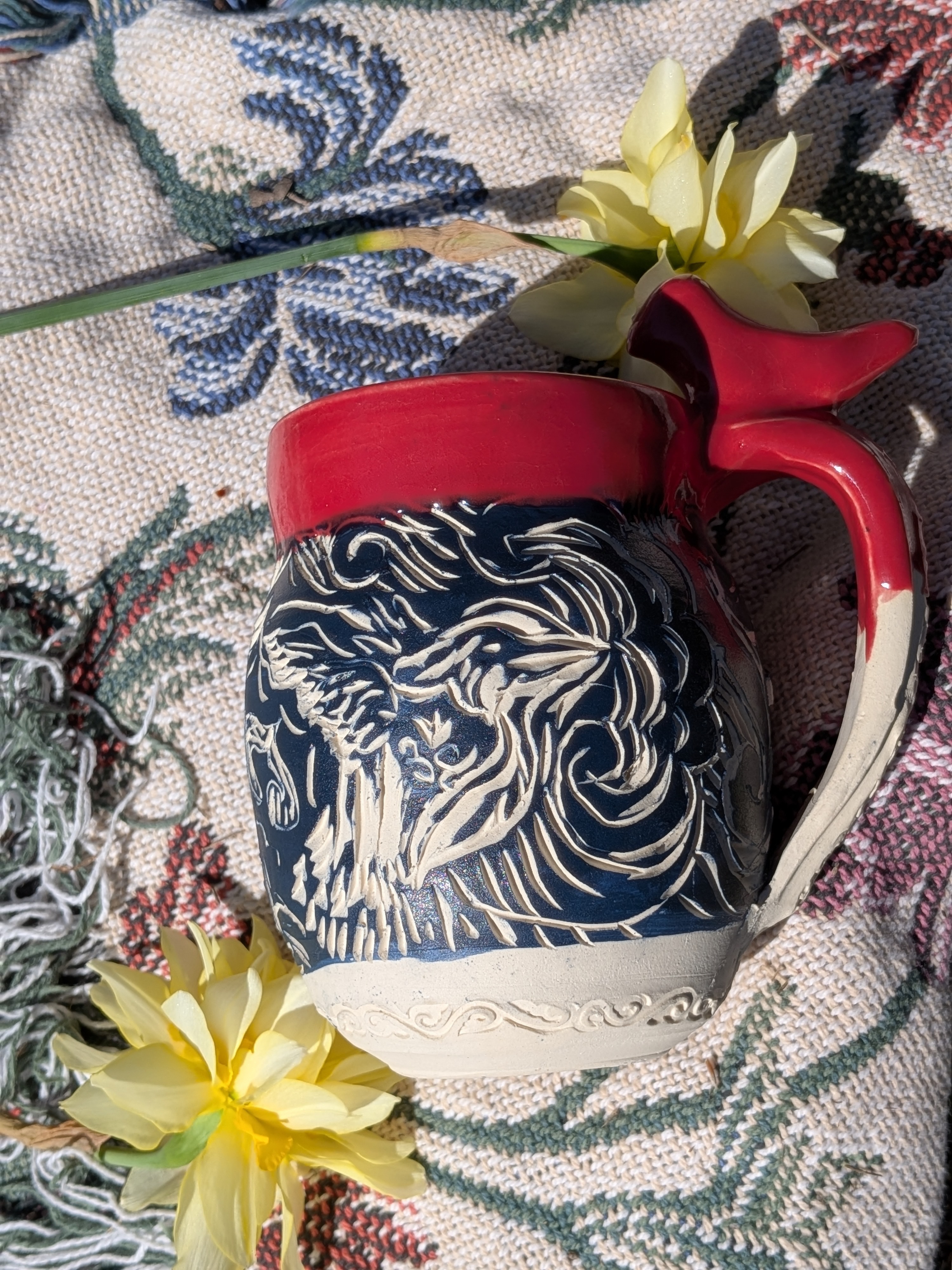 Blue Sgrafitto Bird Mug