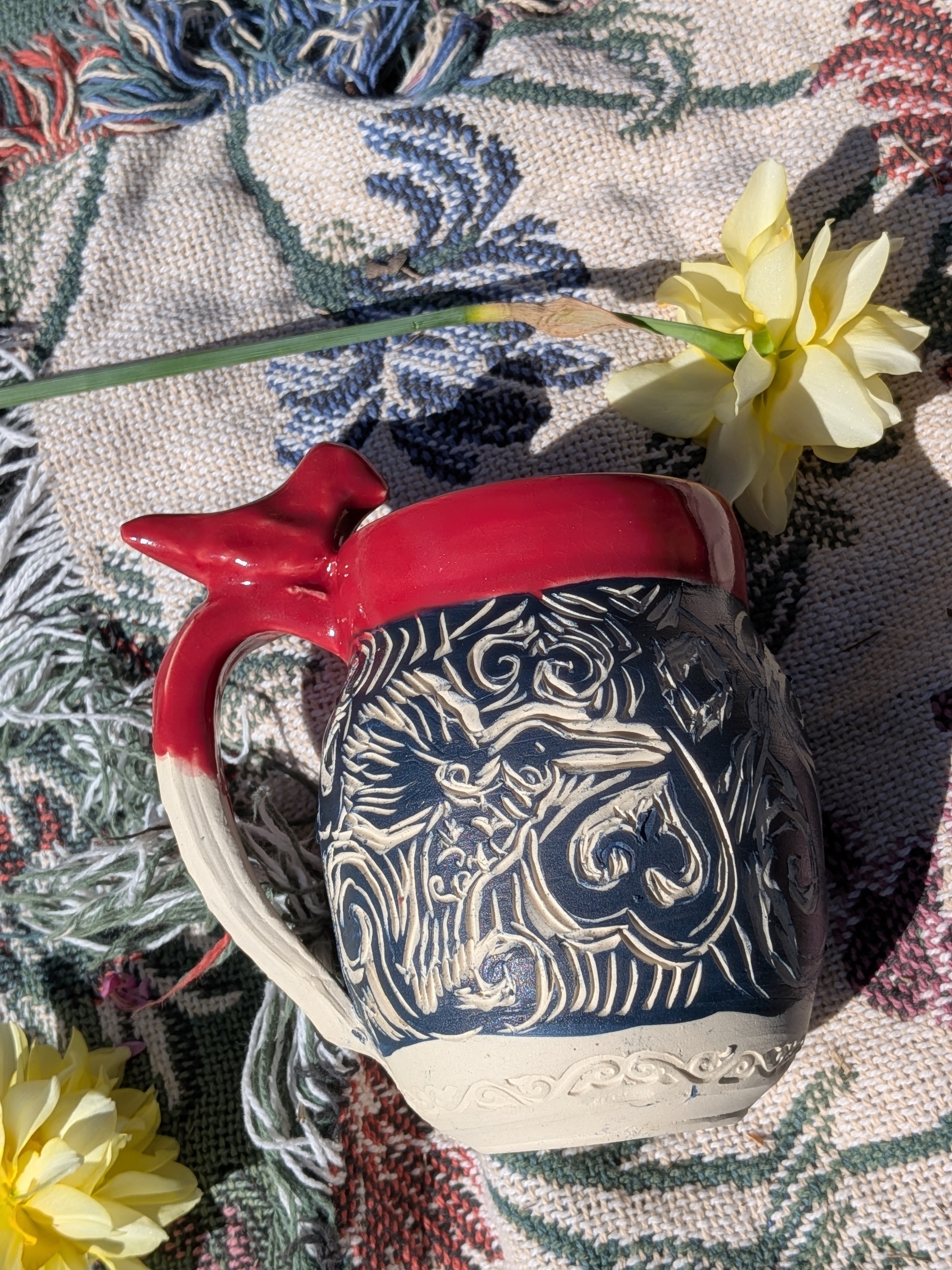 Blue Sgrafitto Bird Mug