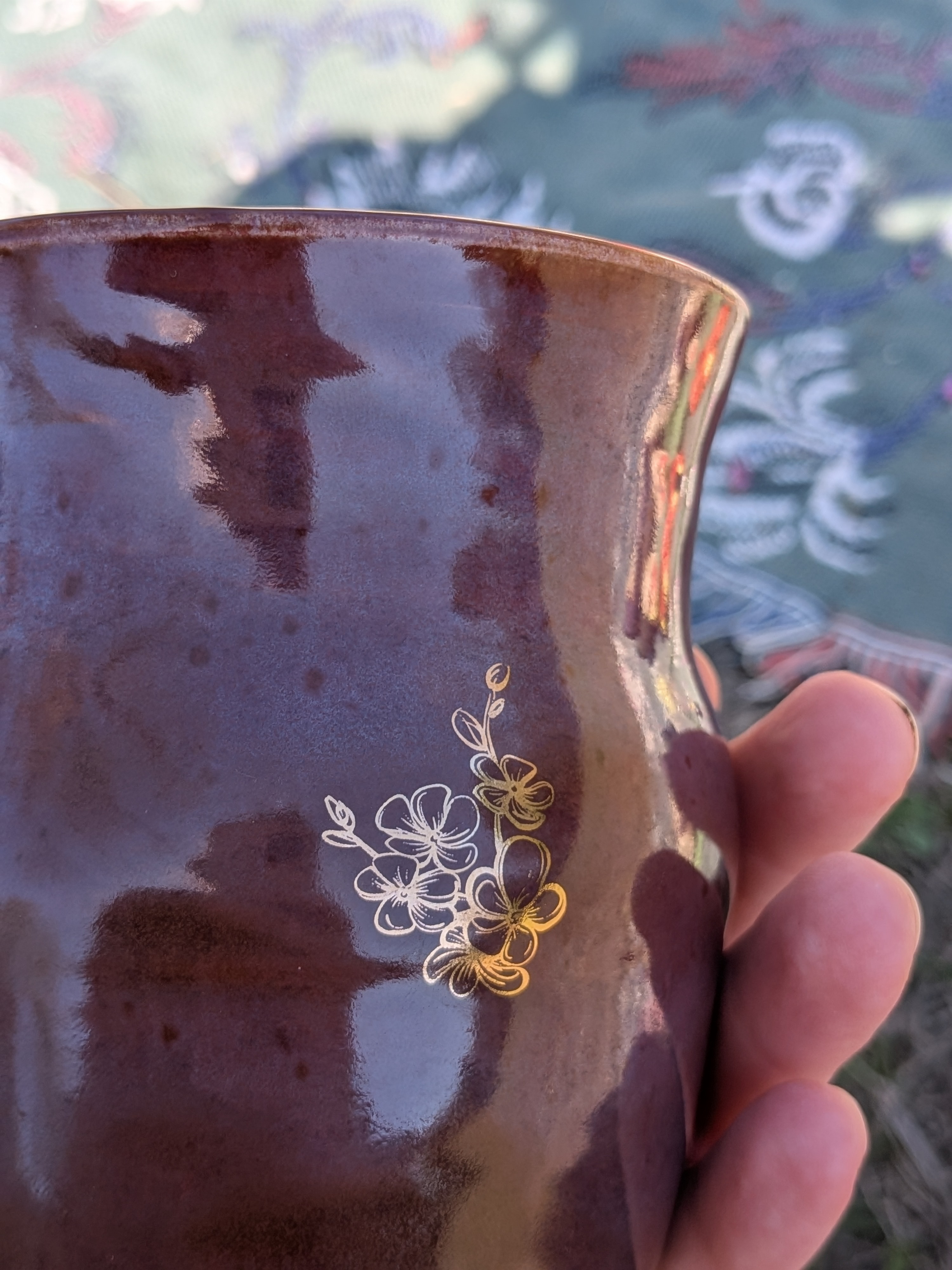 Gold Overglaze Birds Smokey Merlot Mug