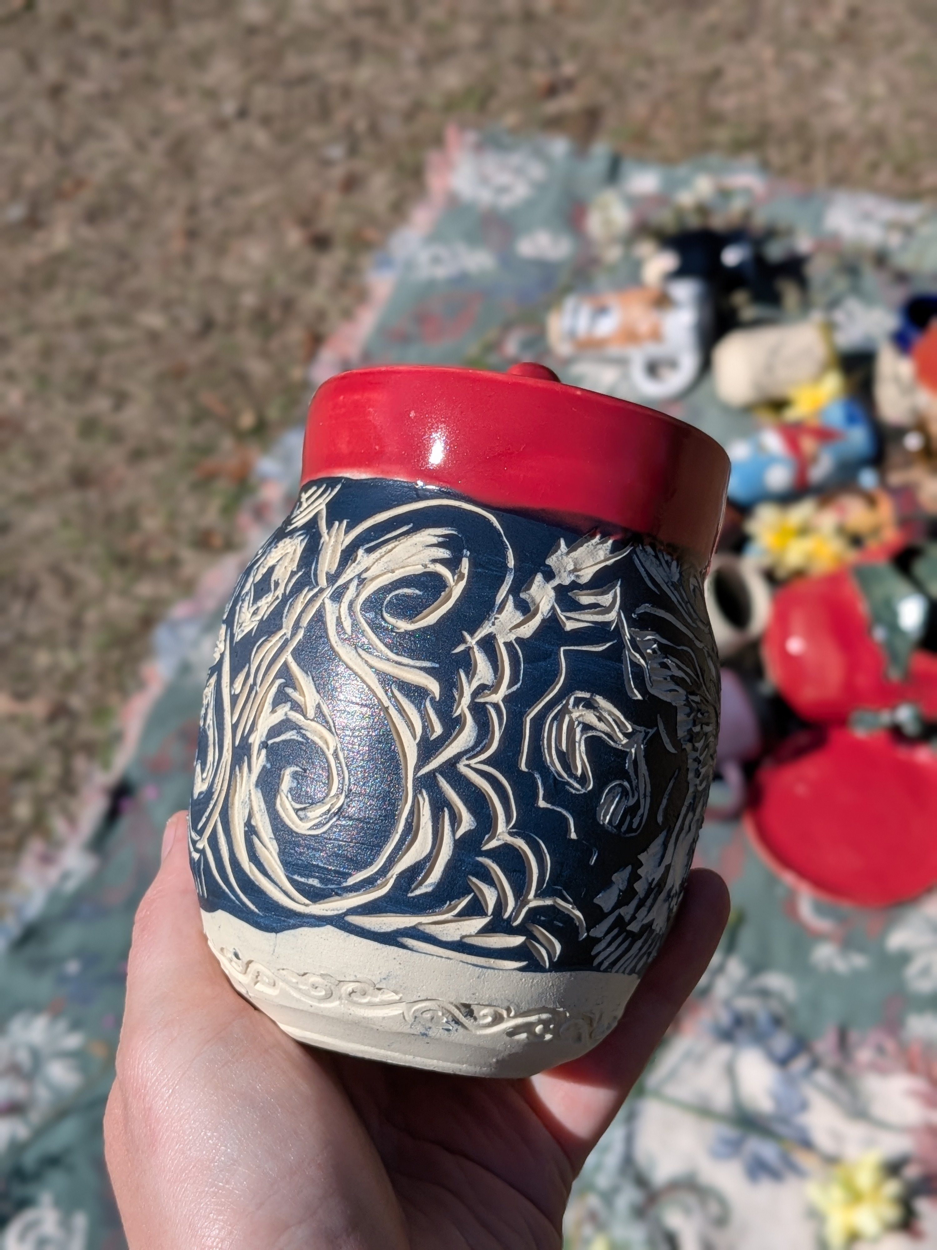 Blue Sgrafitto Bird Mug