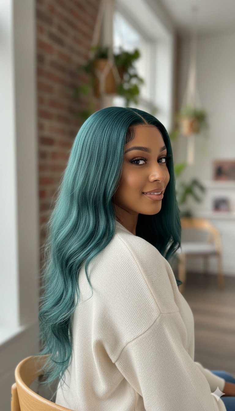 Long Teal Colored Wig