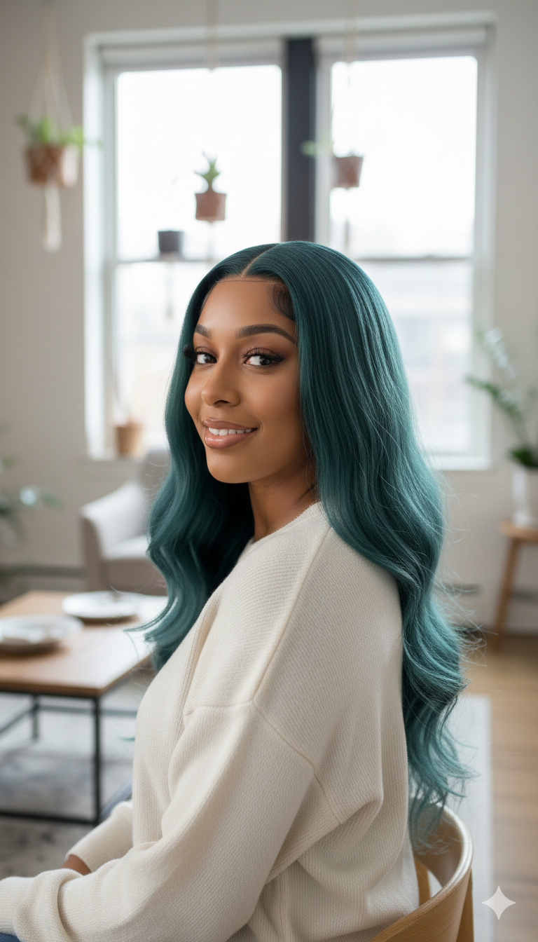 Long Teal Colored Wig