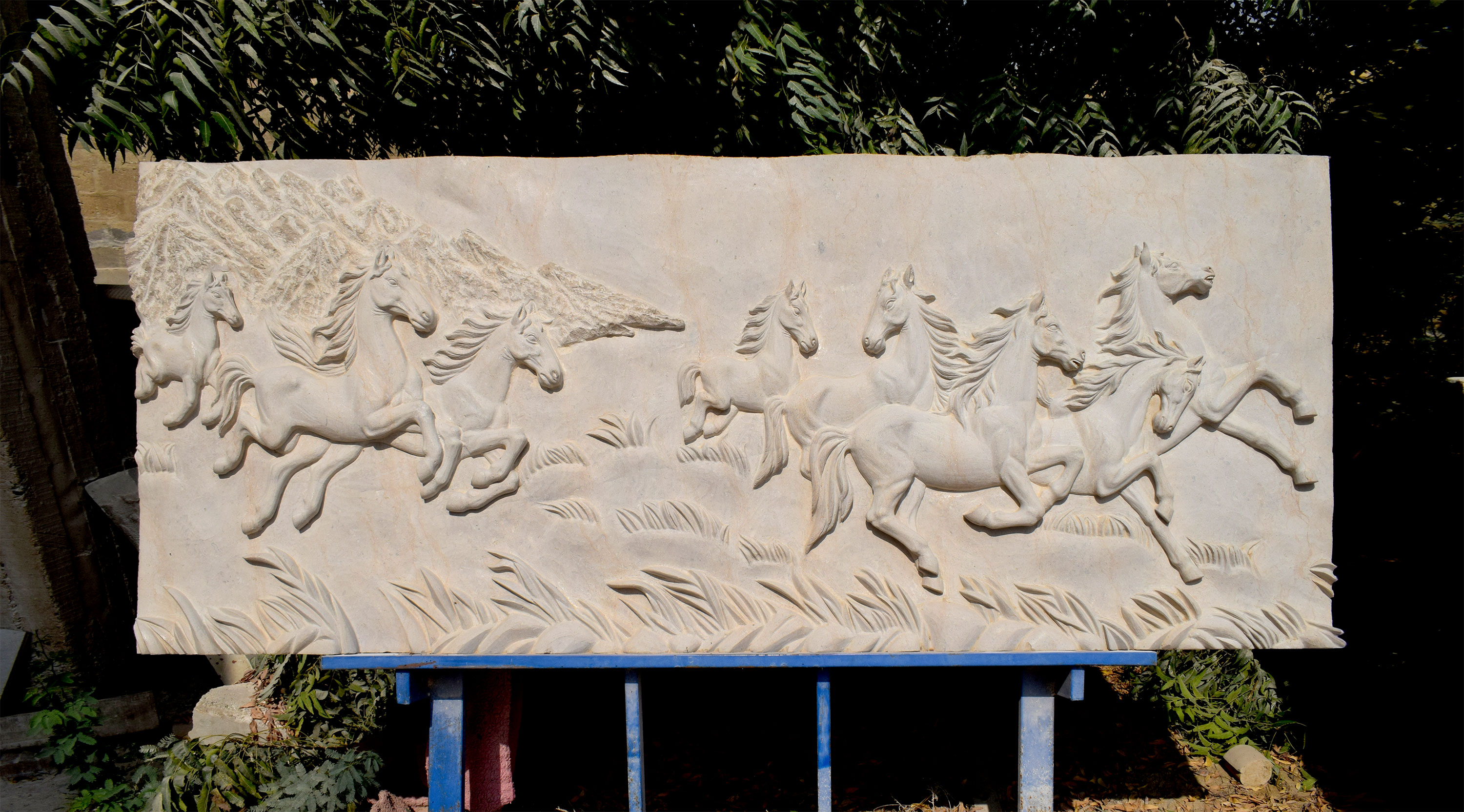 Handcrafted Marble Horse Relief Panel