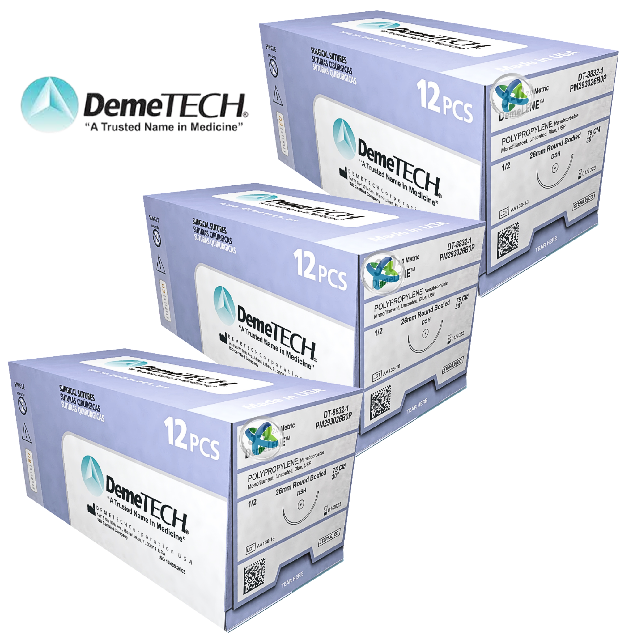 Hilo POLIPROPILENO Aguja 24 mm, RC. Circulo 3/8. 45 cm. Caja/12 Sobres.