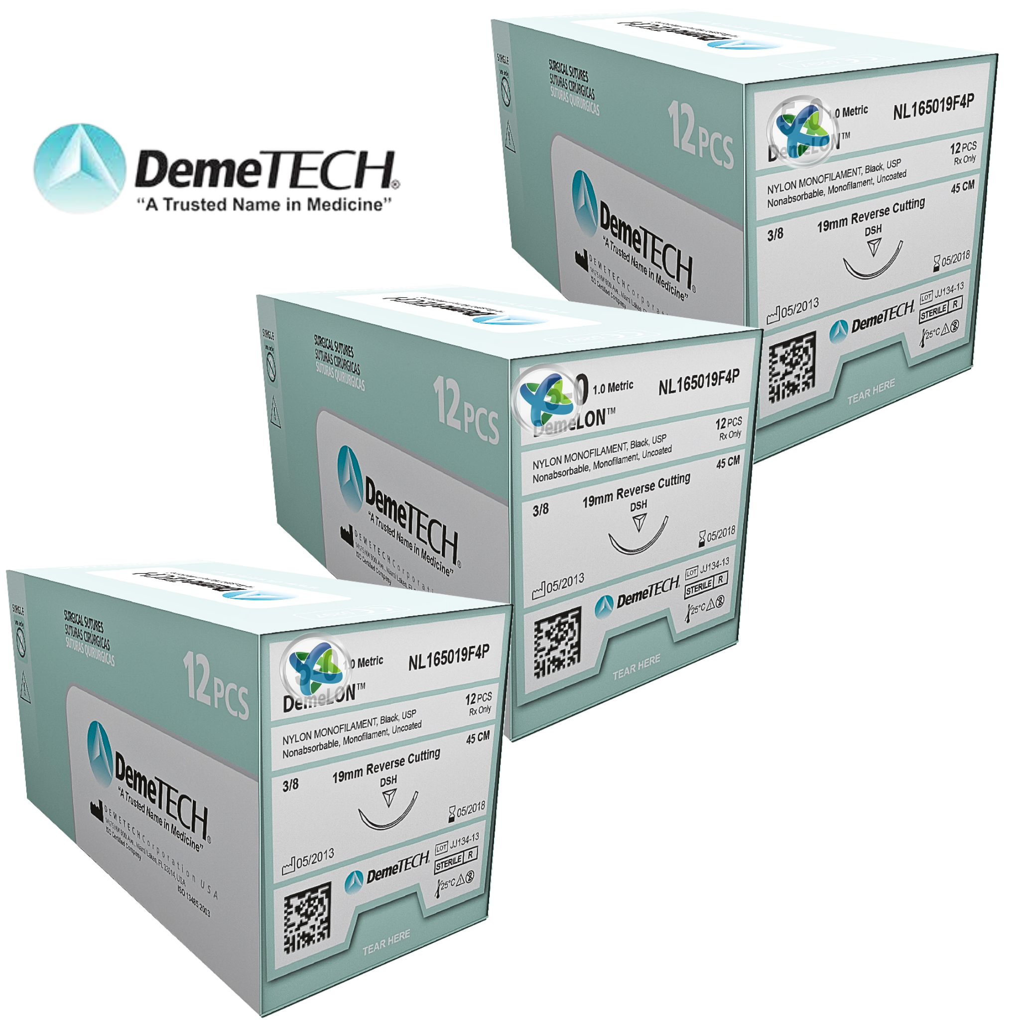 Hilo Nylon 6-0, Aguja 12 mm, Reverso Cortante. Circulo 3/8. 45 cm. Caja/12 Sobres.