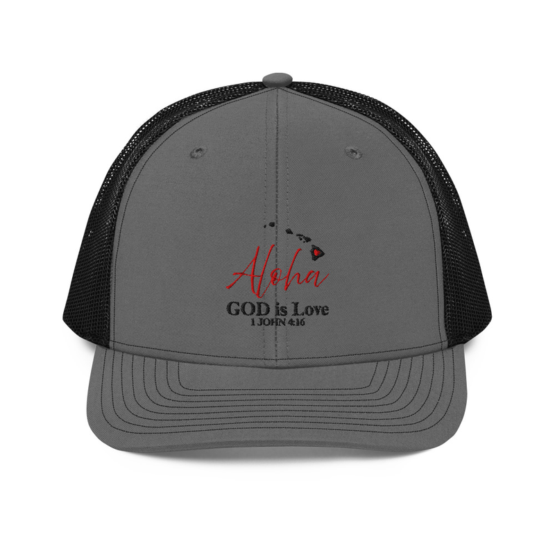 Aloha GOD is Love Charcoal Grey/Black Trucker Hat