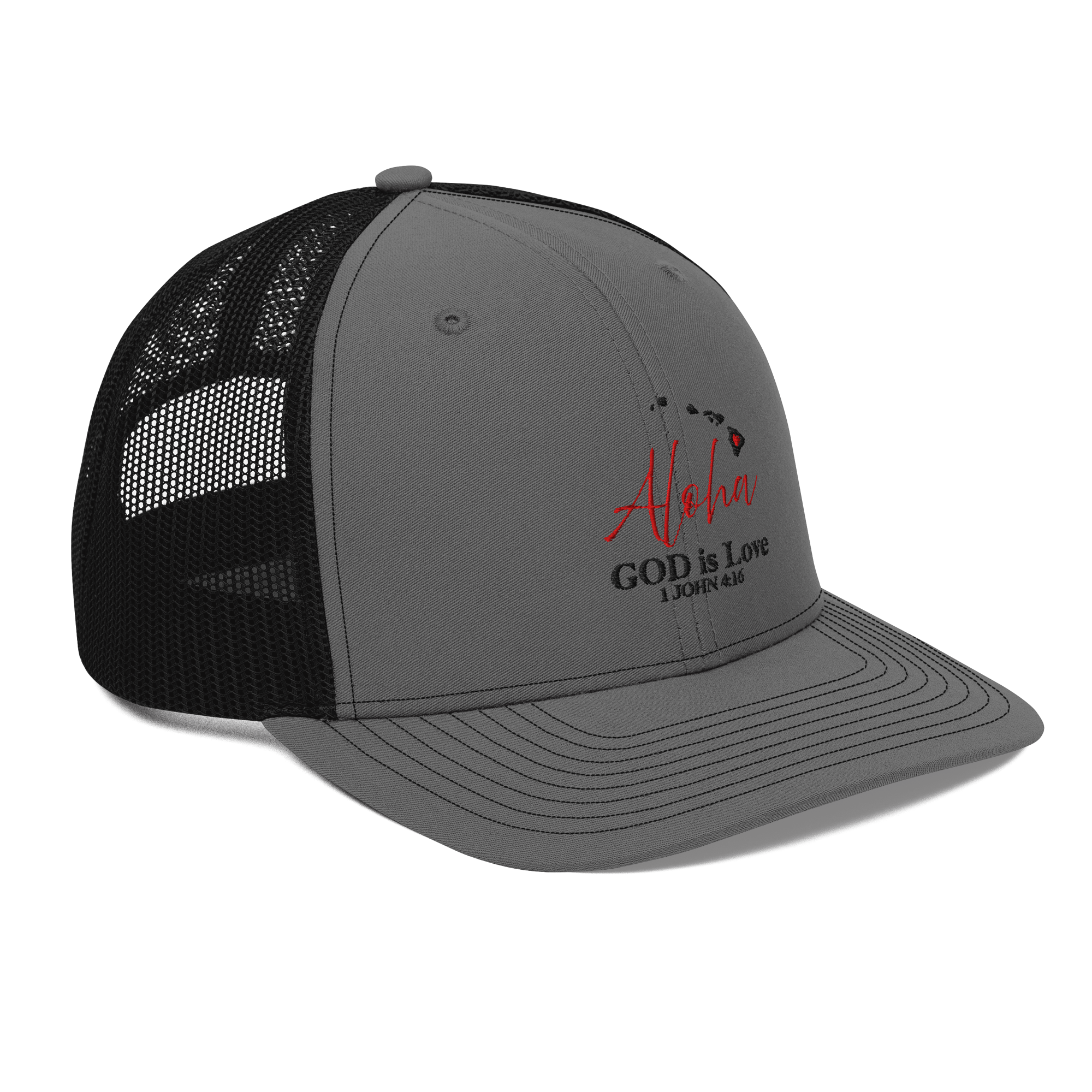 Aloha GOD is Love Charcoal Grey/Black Trucker Hat