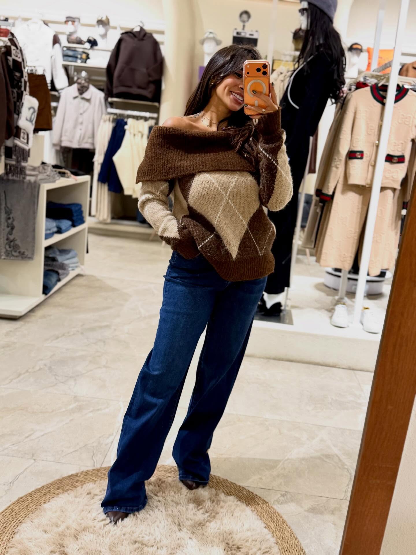 Brown Off-Shoulder Argyle Sweater