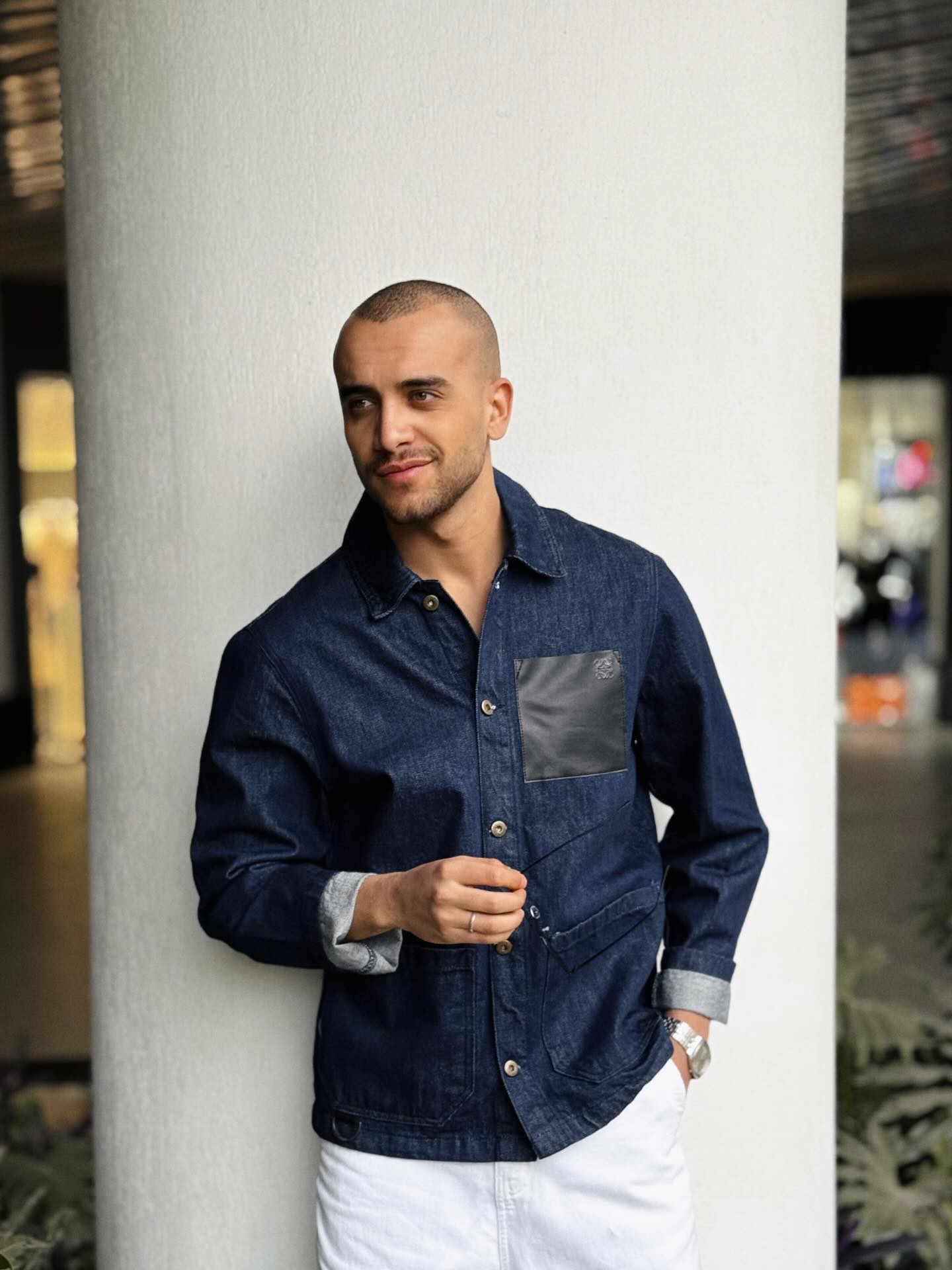 Denim Jacket with Leather Pocket