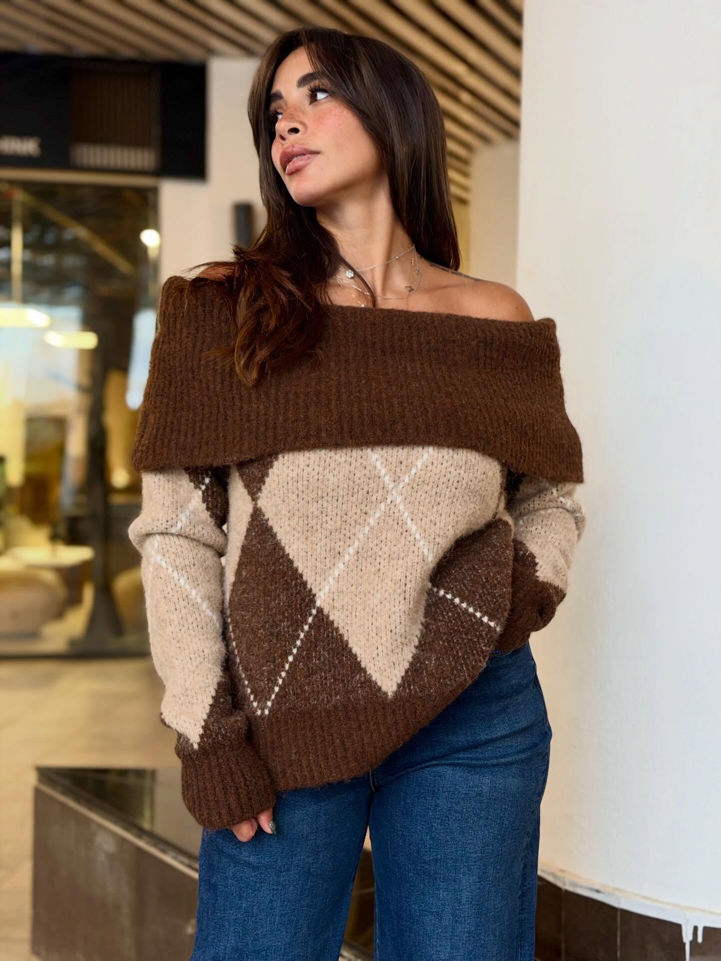 Brown Off-Shoulder Argyle Sweater