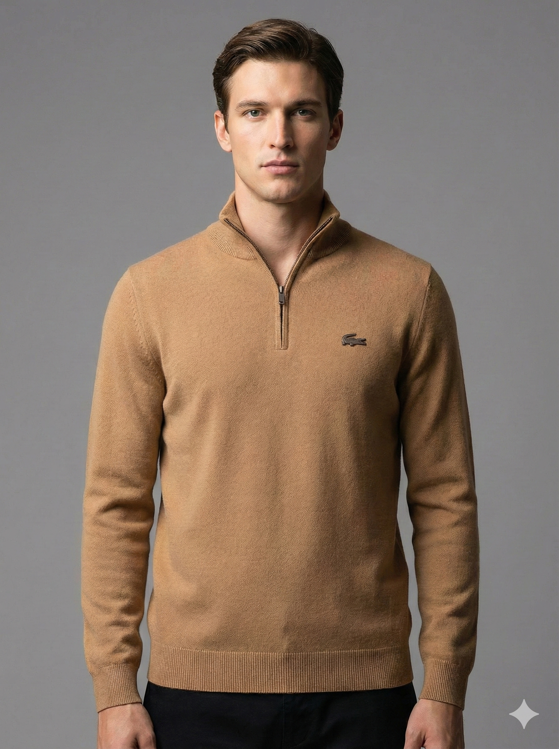 Camel-colored quarter zip sweater