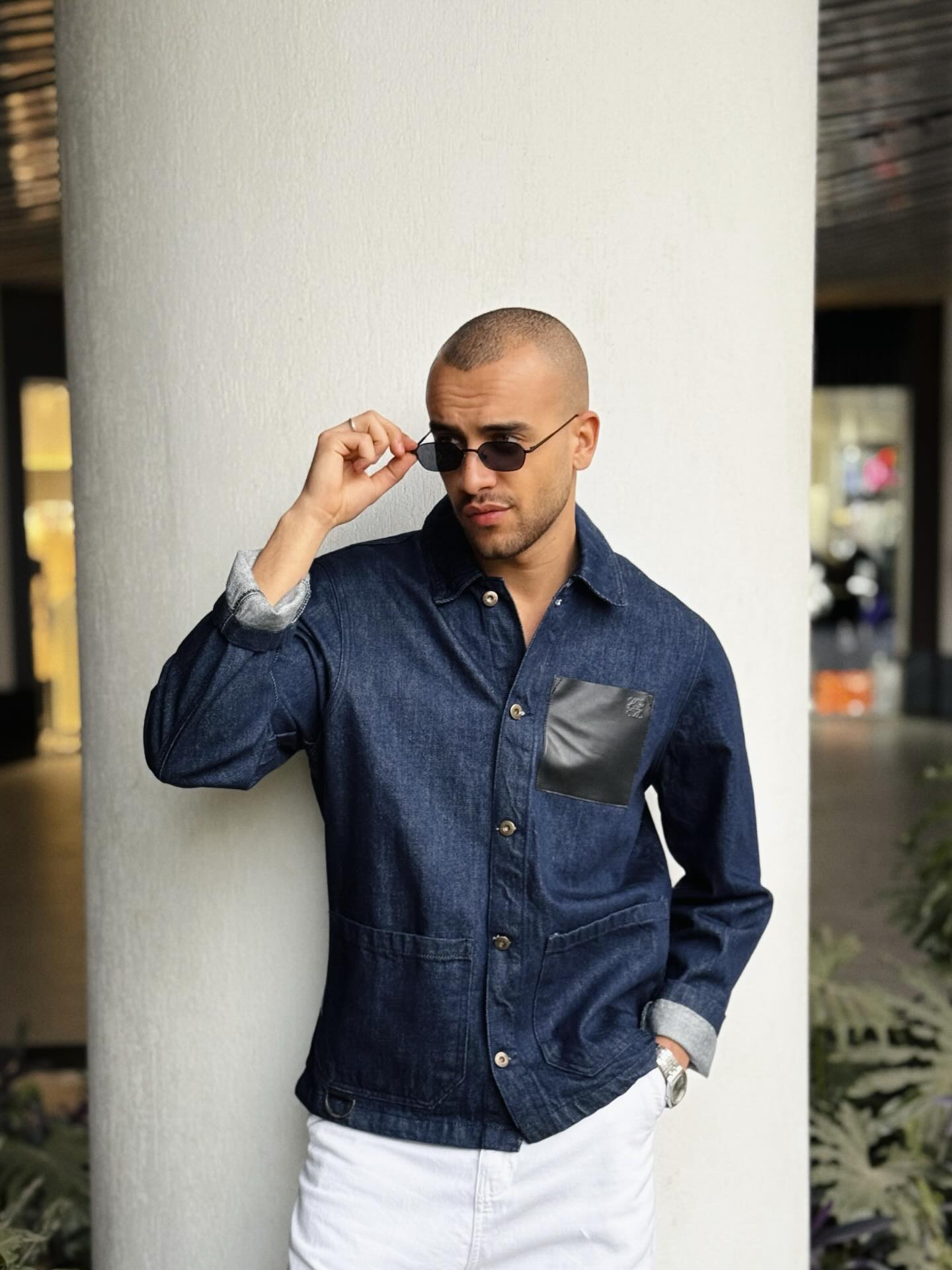 Denim Jacket with Leather Pocket