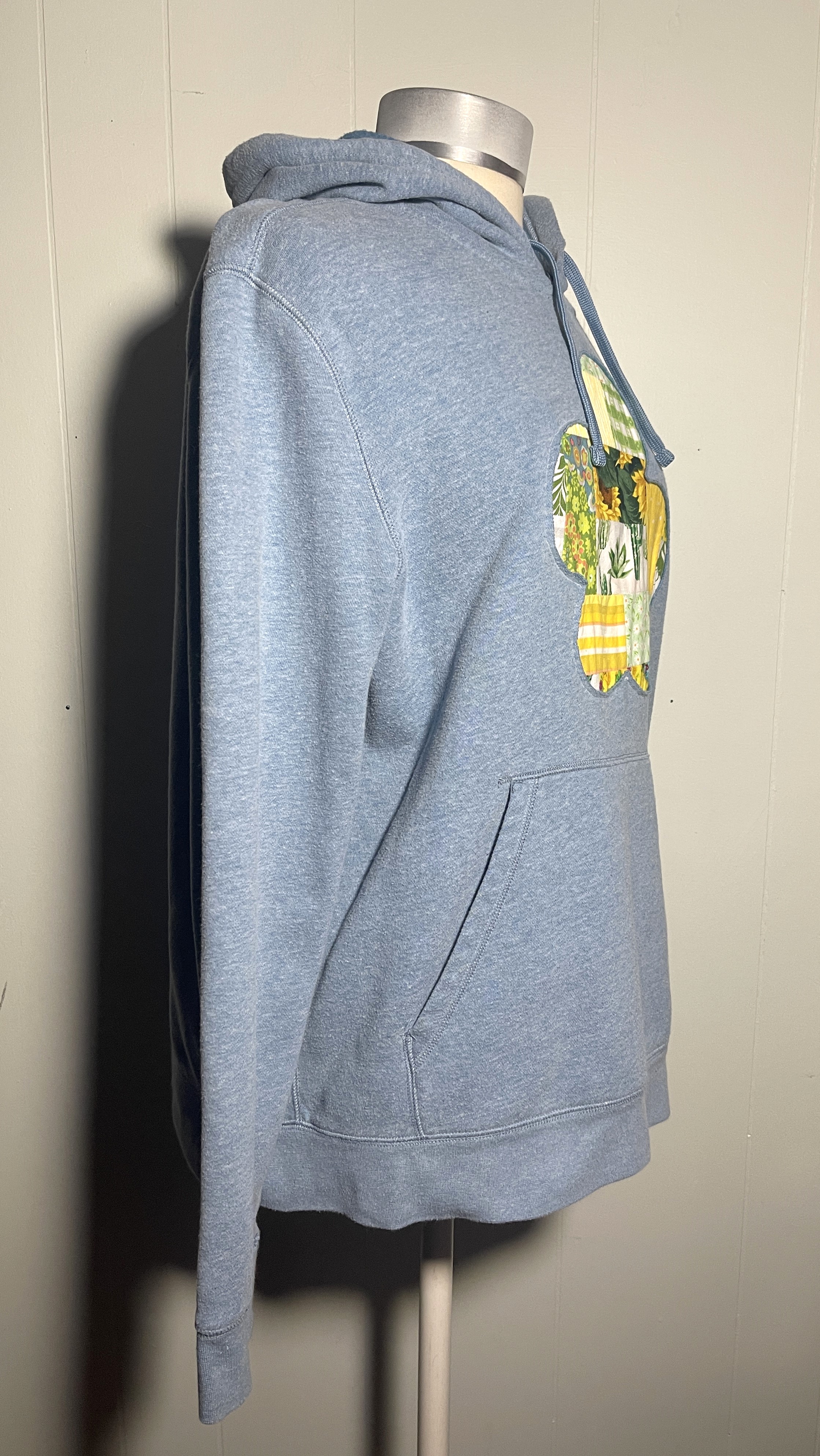 Blue and Yellow Reverse Applique Wonky Flower Upcycled Hoodie