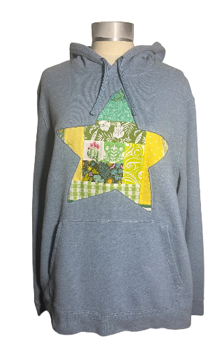 Blue and Yellow Reverse Applique Wonky Star Upcycled Hoodie