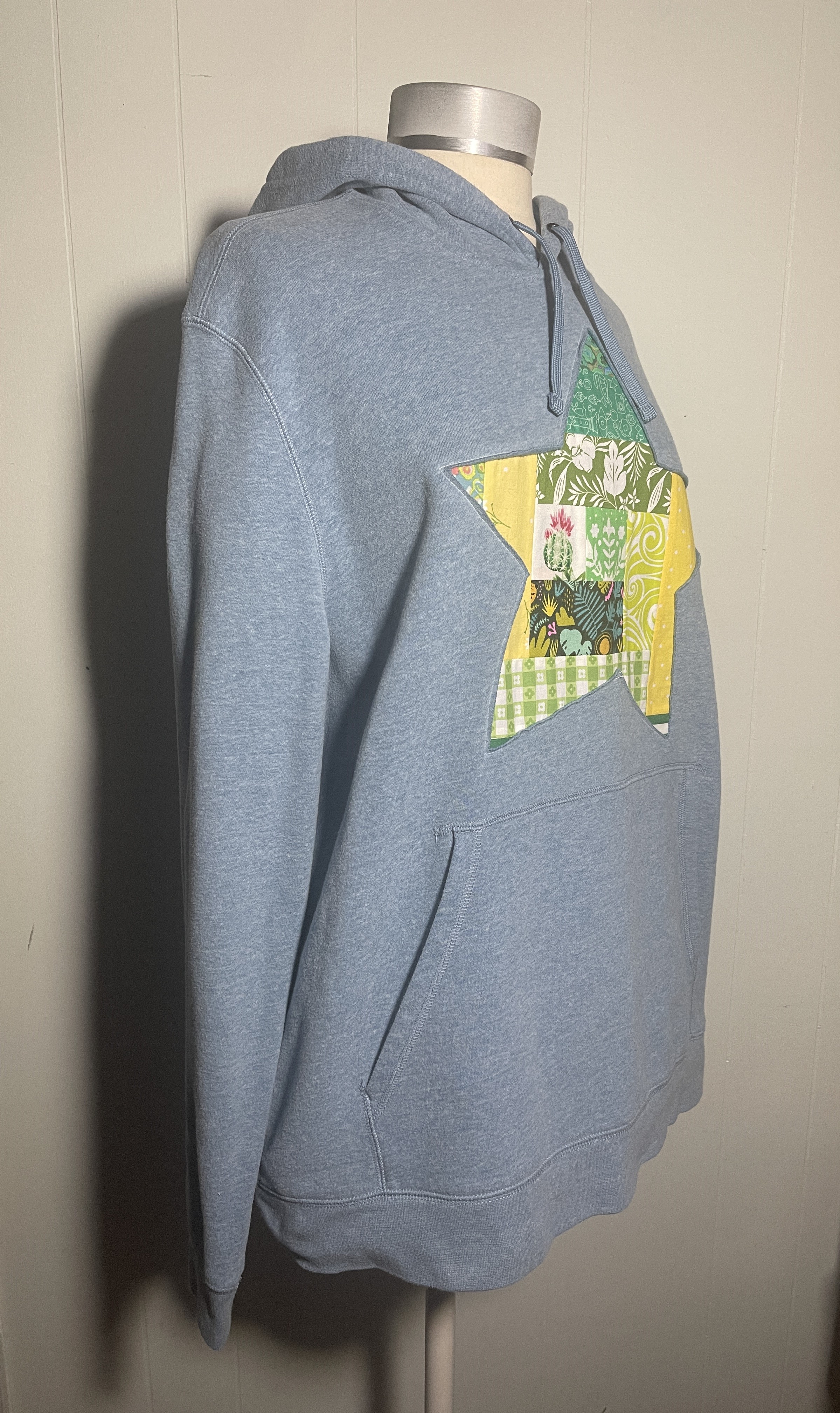 Blue and Yellow Reverse Applique Wonky Star Upcycled Hoodie