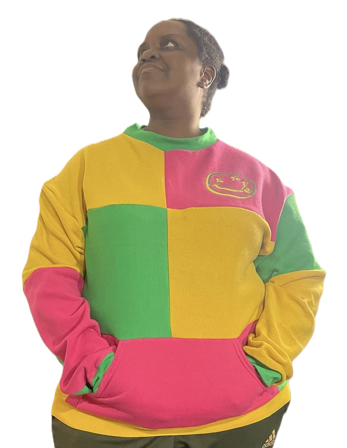 Pink, Green and Yellow Colorblock Upcycled Crewneck Sweater