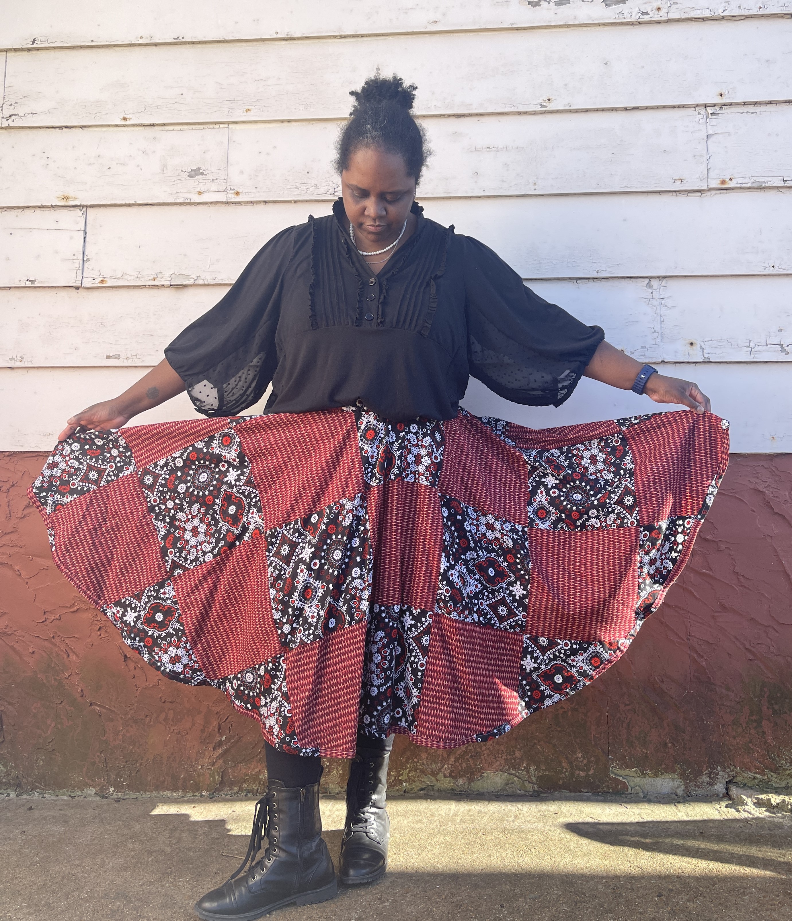 Black and Maroon Patchwork Skirt