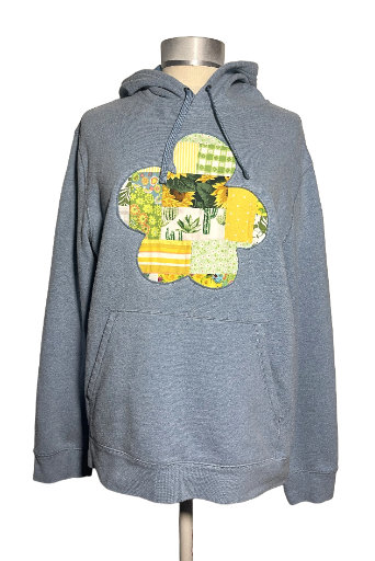 Blue and Yellow Reverse Applique Wonky Flower Upcycled Hoodie