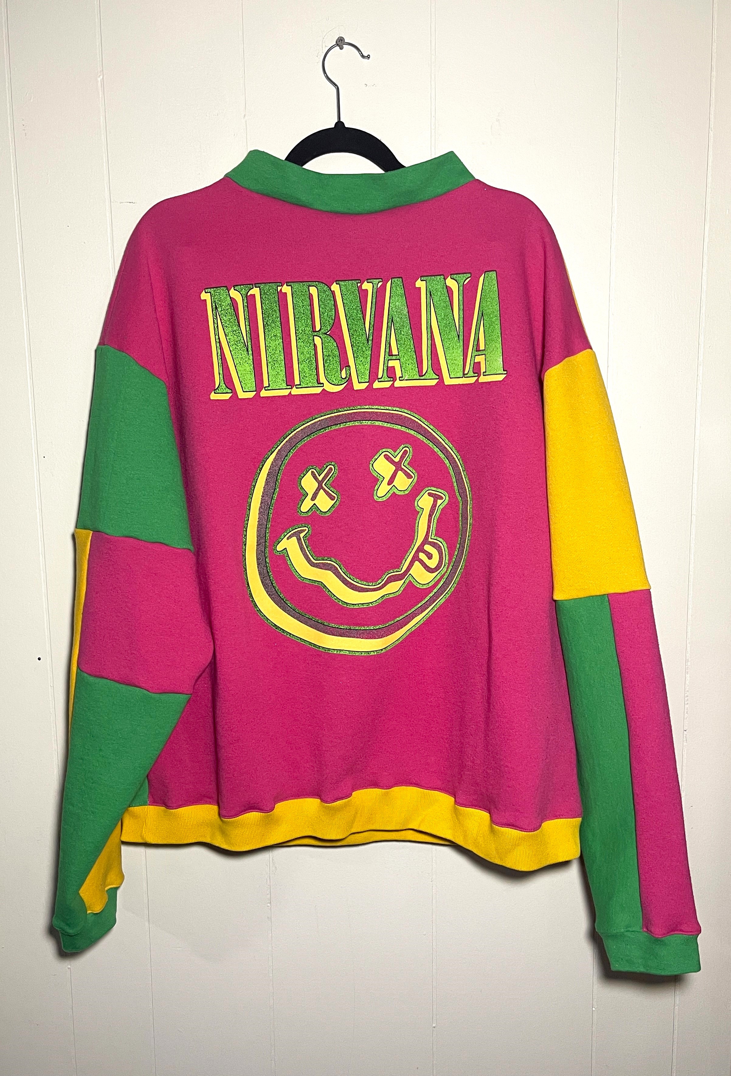 Pink, Green and Yellow Colorblock Upcycled Crewneck Sweater