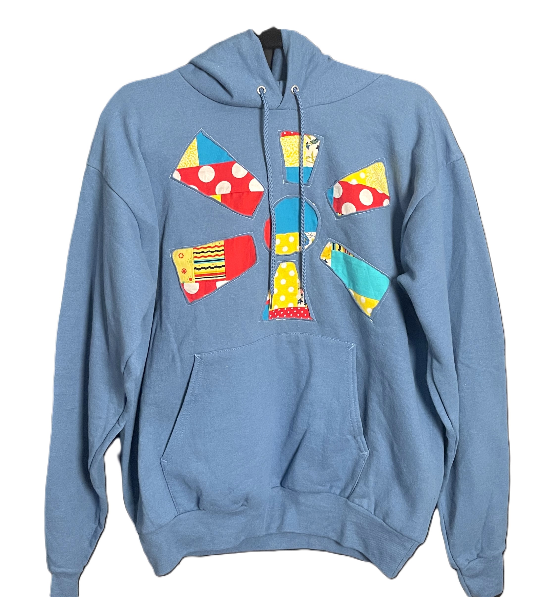 Blue, Red and Yellow Reverse Applique Wonky Flower Upcycled Hoodie