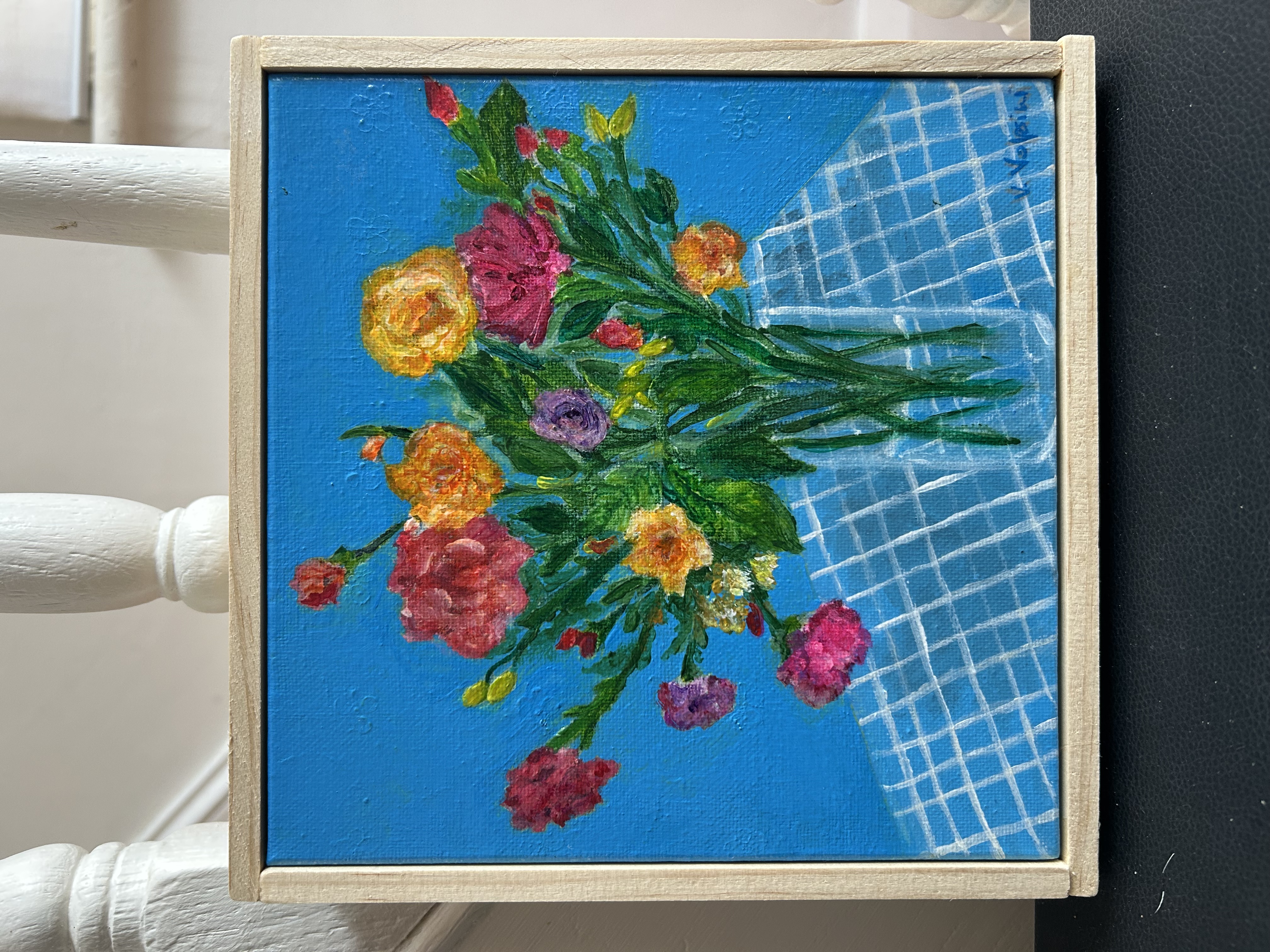Flowers and Blue tablecloth - framed 