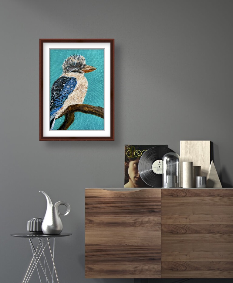 Blue winged kookaburra on turquoise A4 PRINT