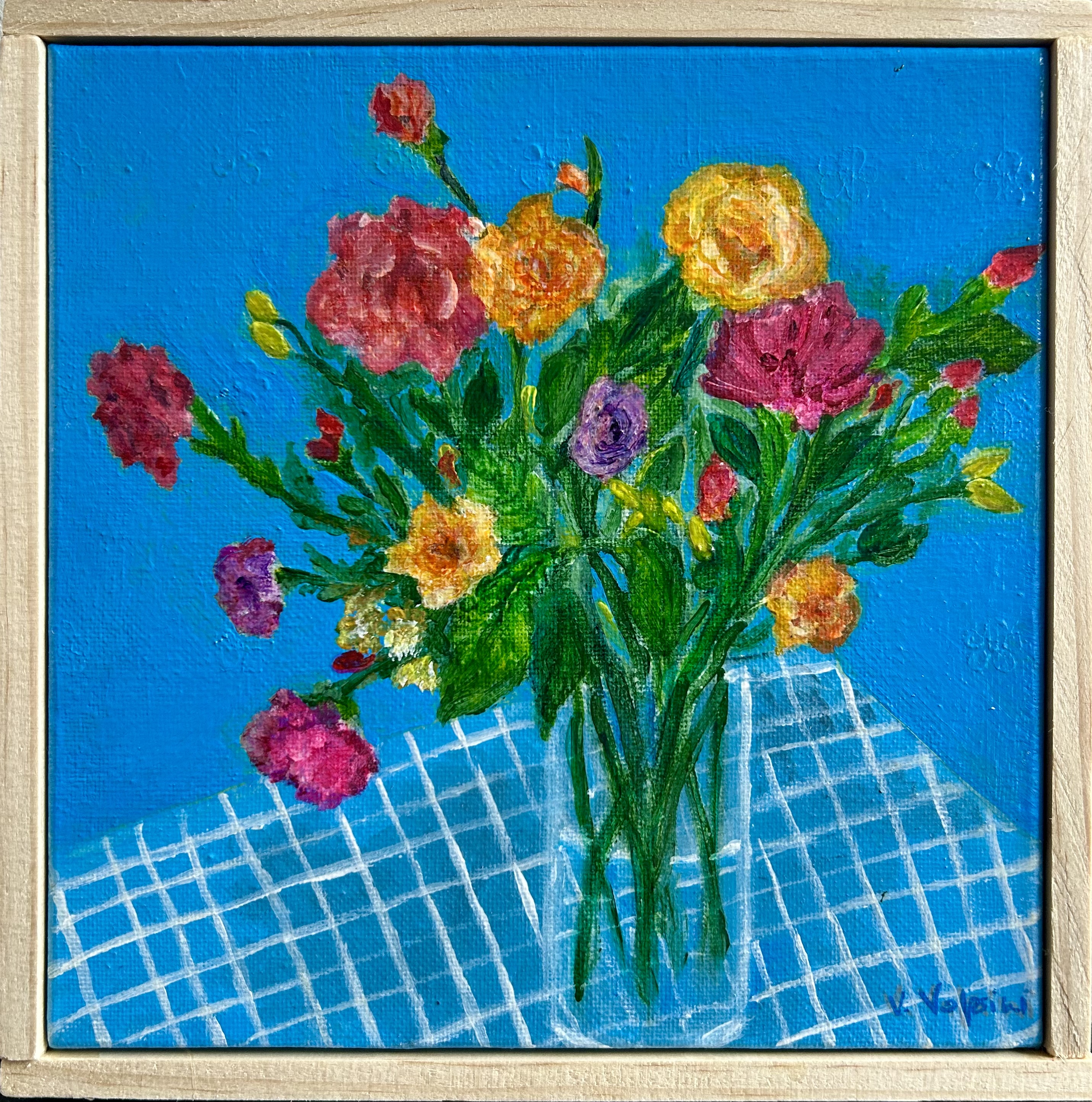 Flowers and Blue tablecloth - framed 
