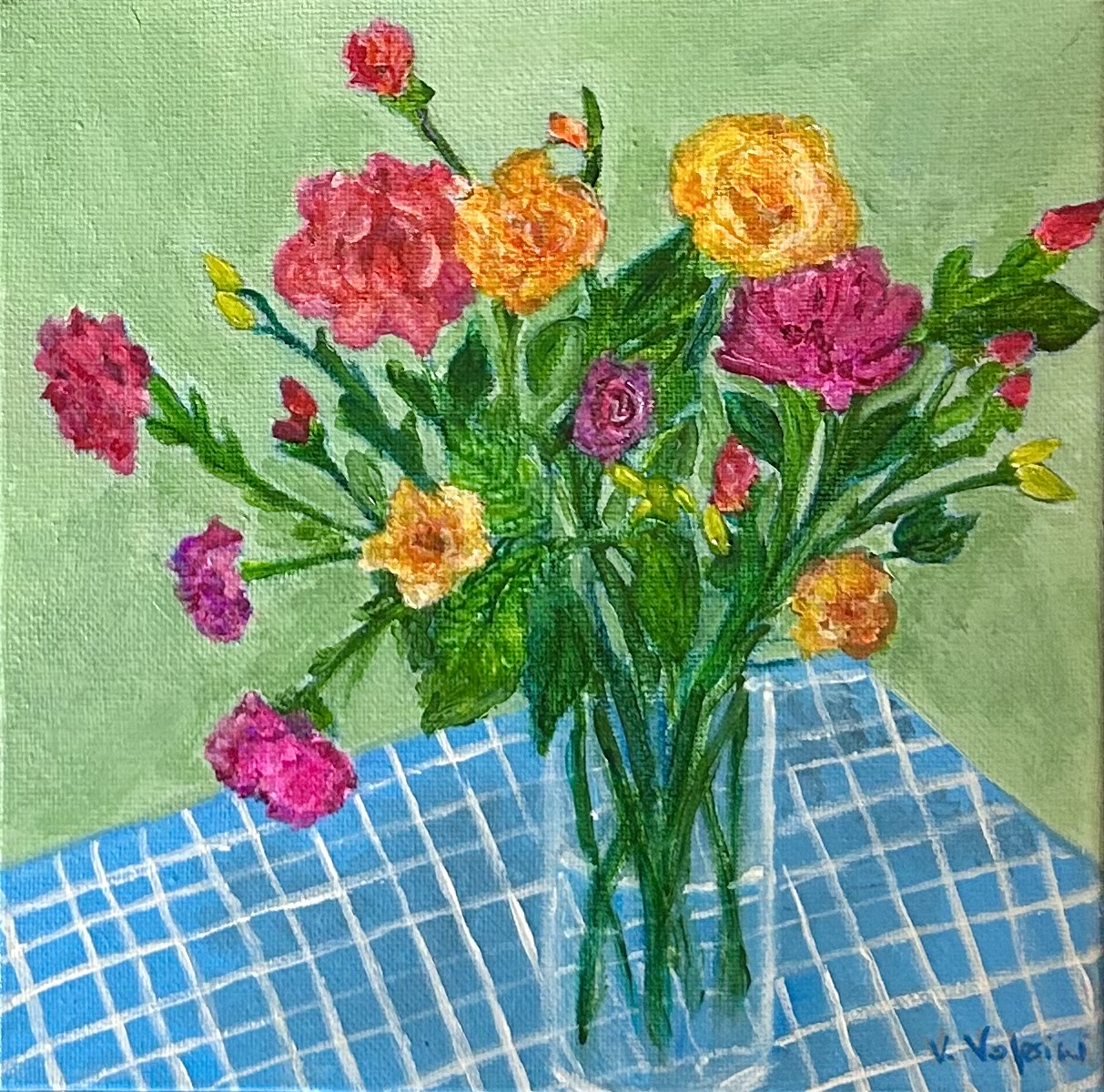 Flowers and Blue tablecloth 