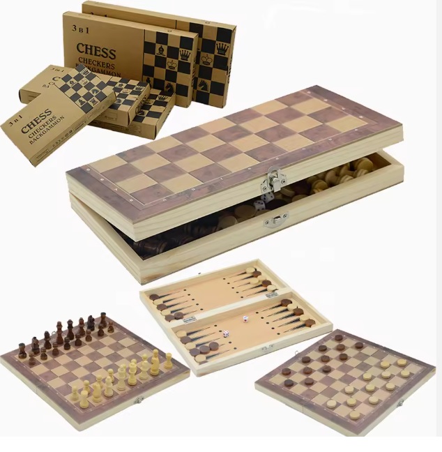 3-in-1 Wooden Chess, Checkers, and Backgammon Set