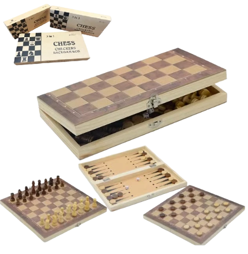 3-in-1 Wooden Chess, Checkers, and Backgammon Set
