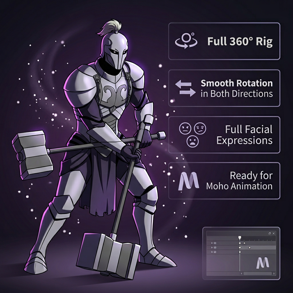 360° Fully Rigged Knight Character for Moho | Complete Animation Ready Asset