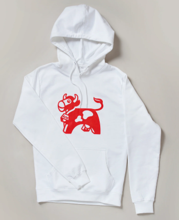 White Hoodie with Red Cow Print