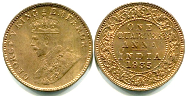 1935 British India One Quarter Anna Coin