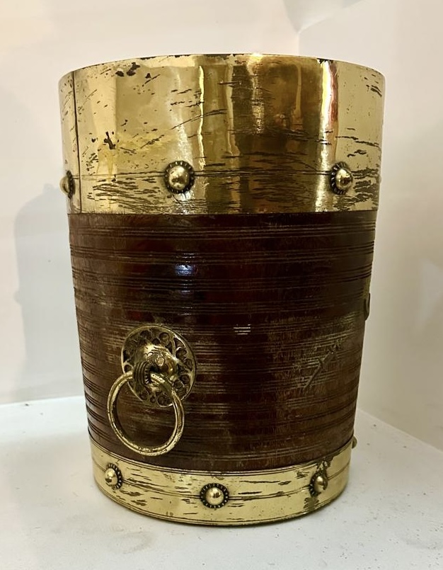 Vintage Brass and Wood Decorative Bucket