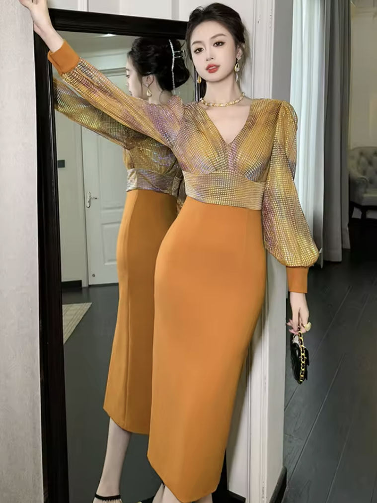 Elegant Color Block Midi Dress