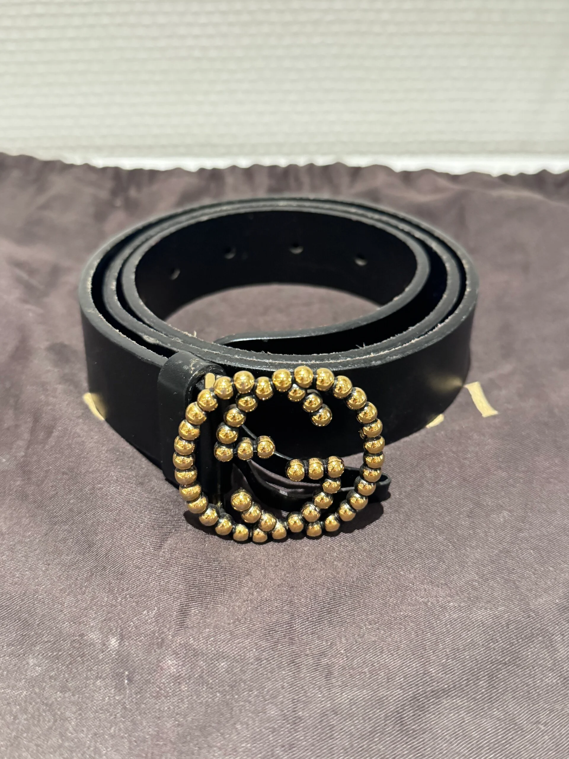 Gucci Black Calfskin Gold Studded Interlocking GG Buckle Belt