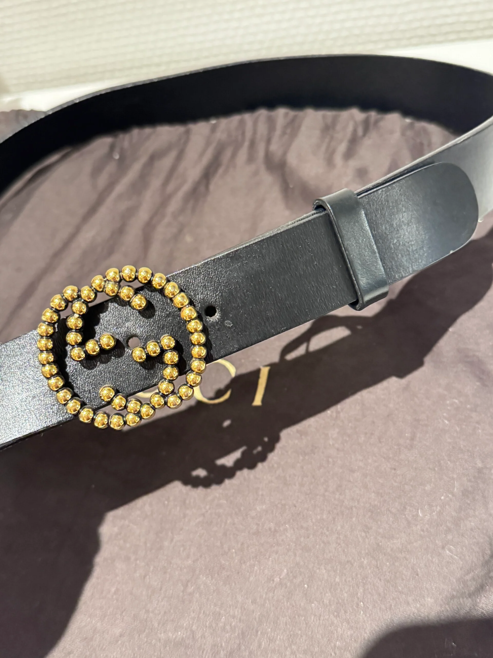 Gucci Black Calfskin Gold Studded Interlocking GG Buckle Belt