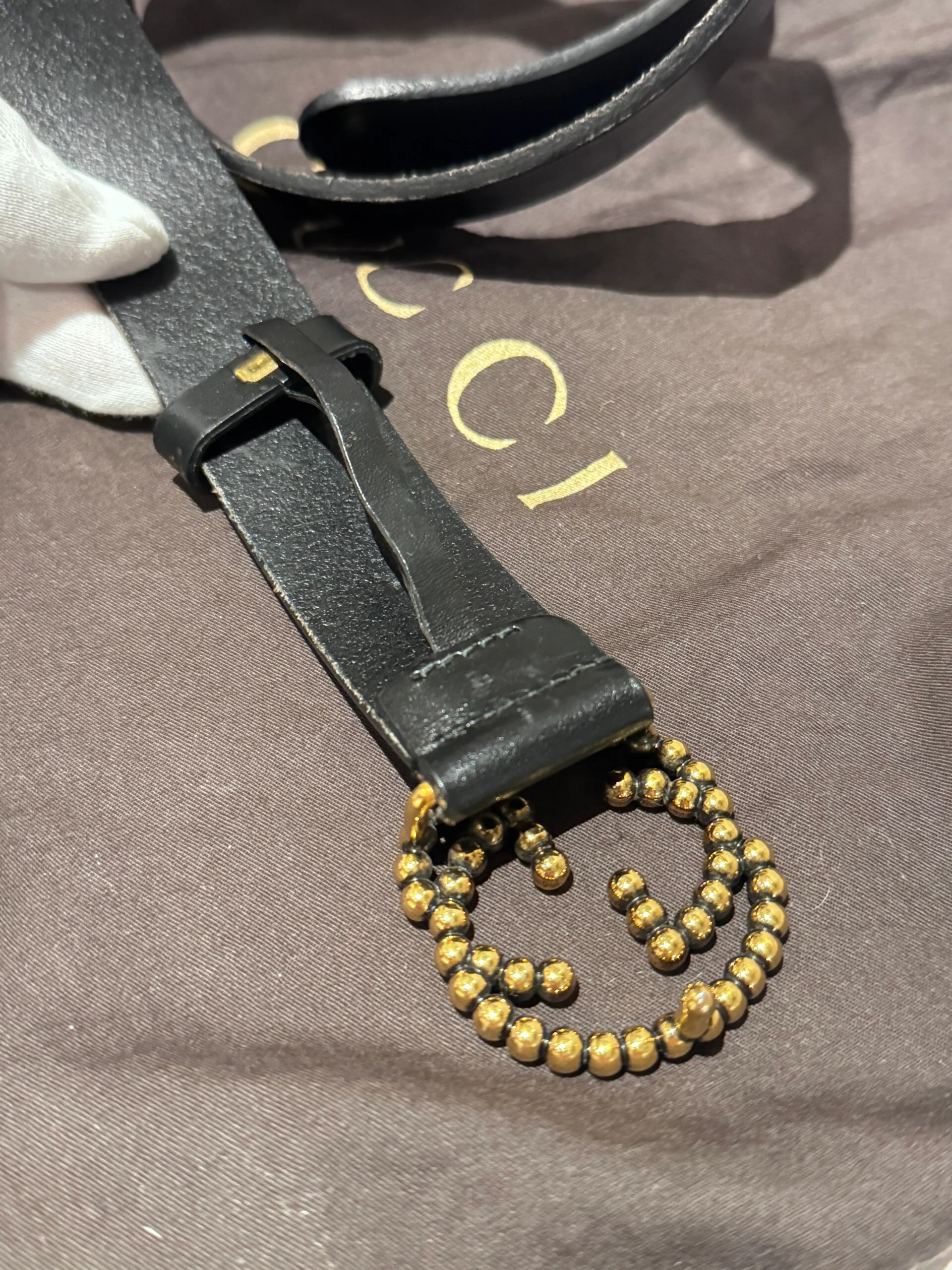 Gucci Black Calfskin Gold Studded Interlocking GG Buckle Belt