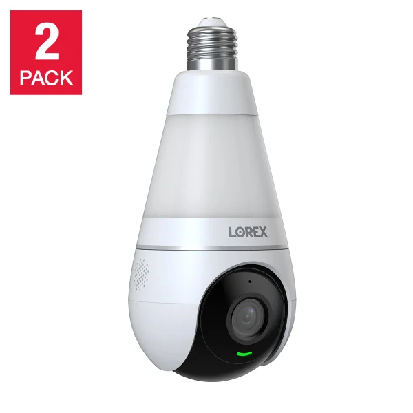 Lorex 2K Wi-Fi Smart Security Camera Lightbulb – 2-Pack | 360° Pan-Tilt, Colour Night Vision, 400-Lumen Smart Light, Wireless Installation, Weather-Resistant, Works with Alexa & Google Home