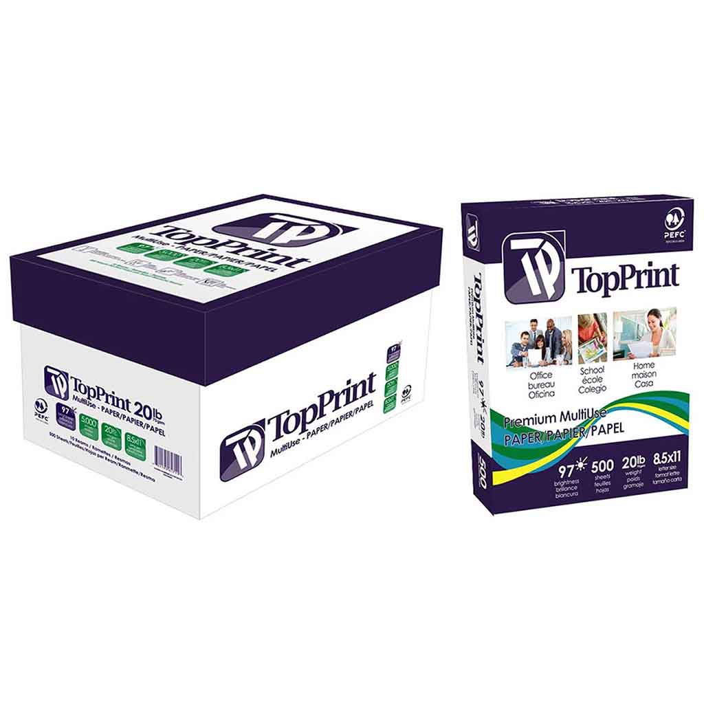 Premium Multi-Use TopPrint Copy Paper – Letter Size 8.5” x 11”, 20 lb, 97 Bright, 500 Sheets/Pack, 10 Packs/Carton – PEFC Certified