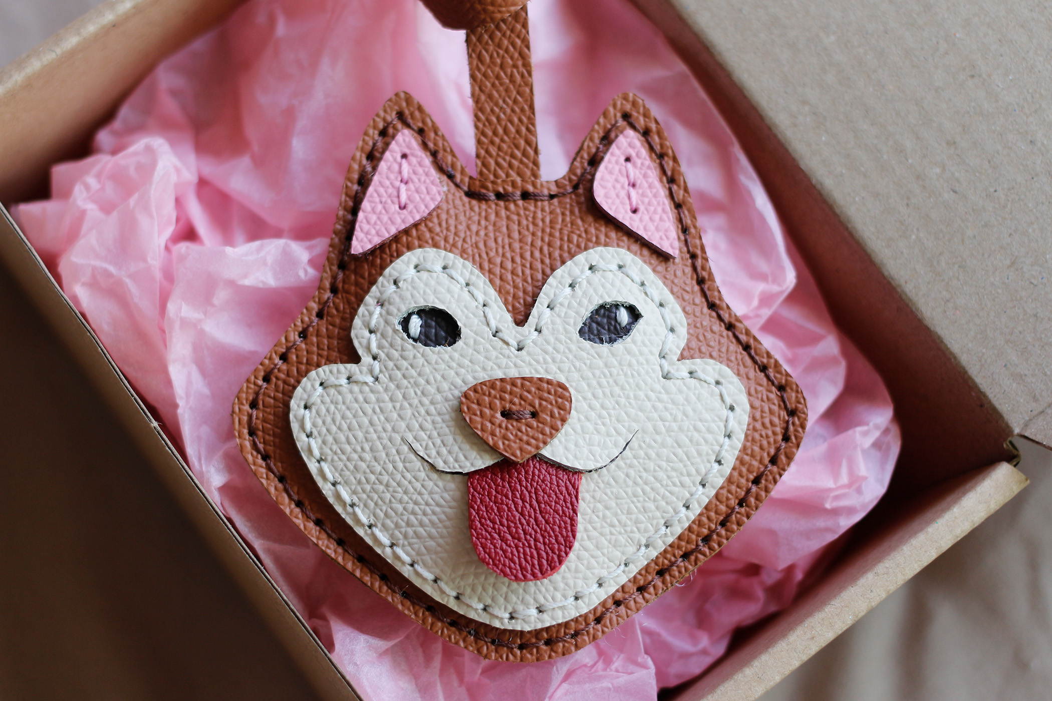 Copper Husky Dog Leather Bag Tag, Husky Dog Leather Bag Charms, Keychains