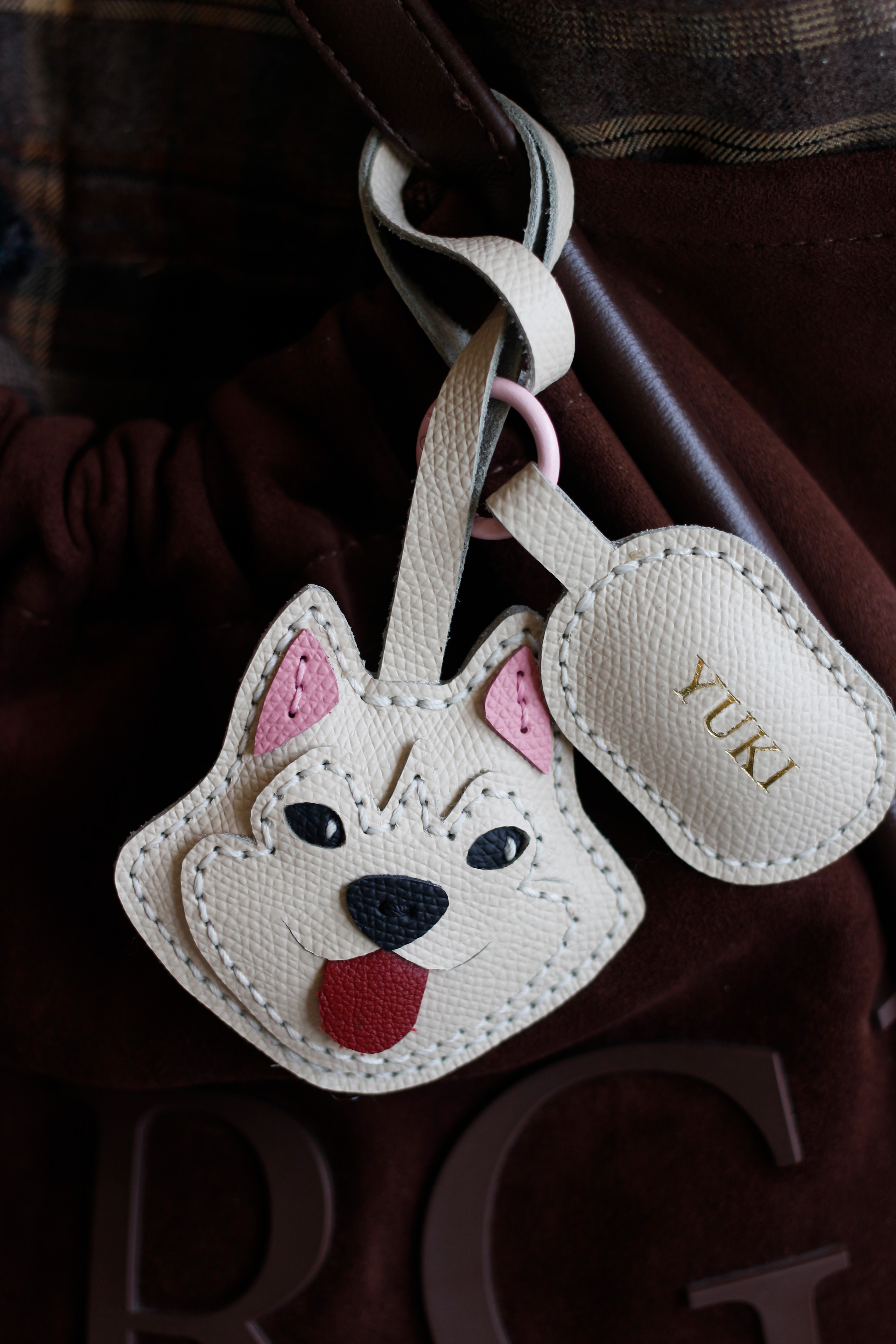 White Huskey Leather Bag Charms, Keychains
