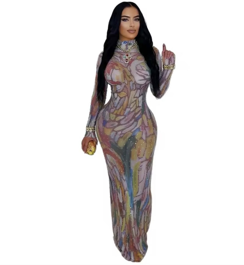 Colorful Abstract Long Sleeve Maxi Dress