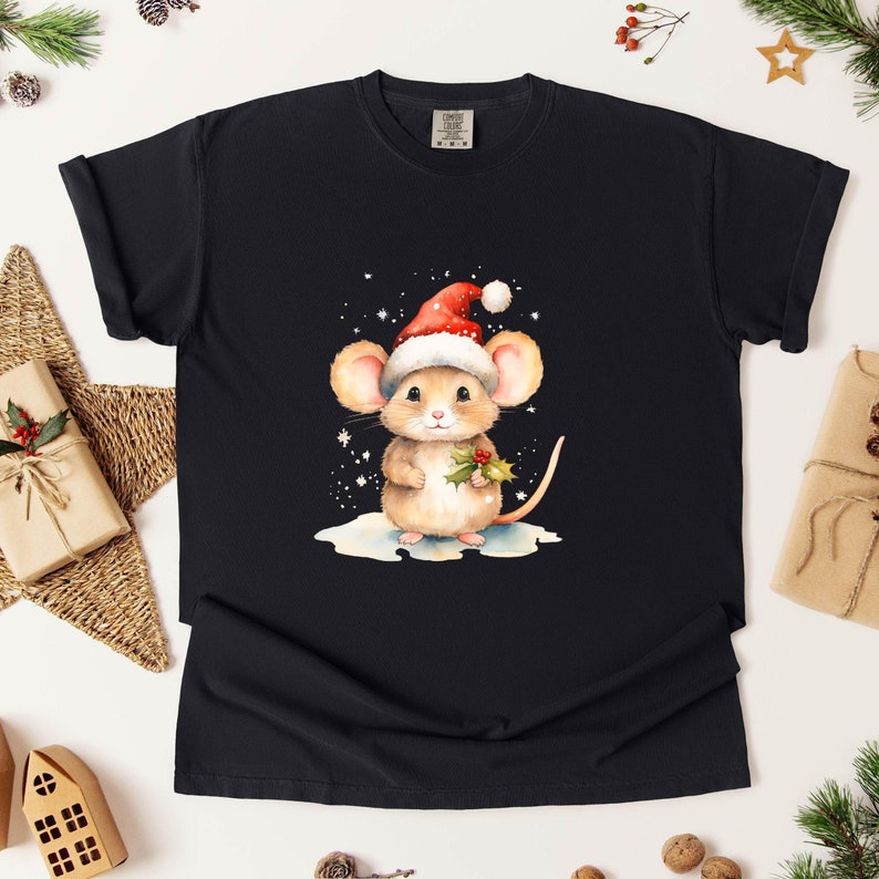 Comfort Colors Christmas Mouse T-Shirt Š Santa Hat, Holiday Tee