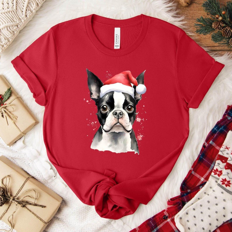 Boston Terrier Christmas T-Shirt: Santa Dog Holiday Tee