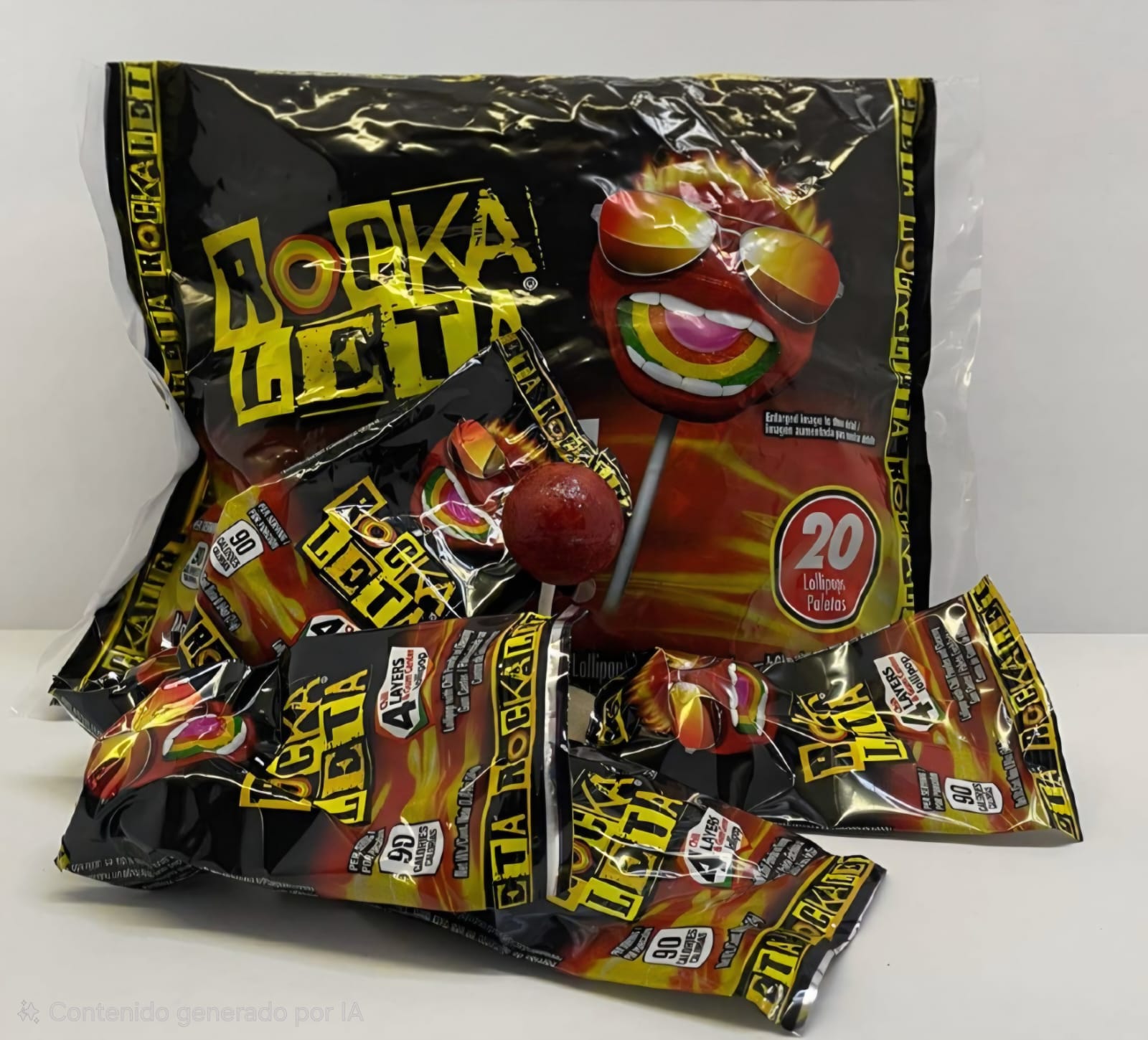 ROCKALETA PALETA ENCHILADA CON CENTRO DE GOMA DE MASCAR. 20 PIEZAS